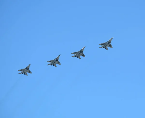 Moskwa Rosja Maja 2018 Grupa Rosyjski Naddźwiękowy Myśliwców Mig 29Stm — Zdjęcie stockowe