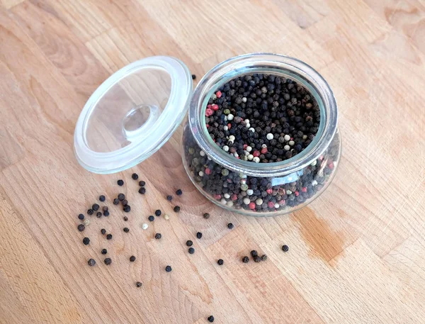 Hot Spice Ingredients Food Still Life Black Pepper Seeds Glass — Stock Photo, Image