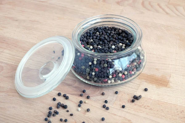 Hot Spice Ingredients Food Still Life Black Pepper Seeds Glass — Stock Photo, Image