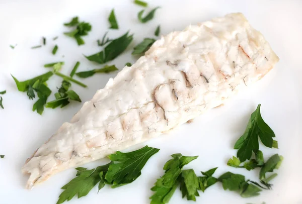 Stillleben Mit Appetitlich Gekochtem Dorado Fischfilet Mit Grünkohl Auf Einem — Stockfoto