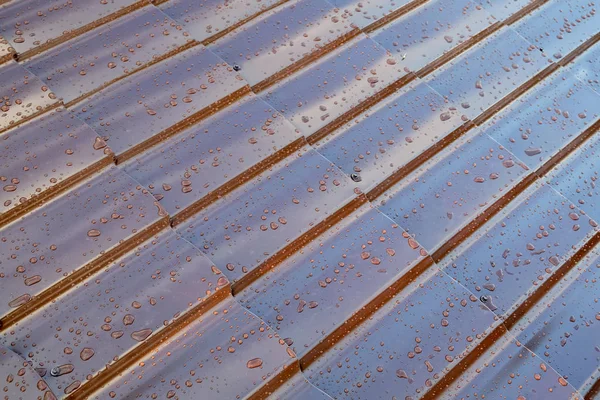 Fragment Brown Metal Roof House Form Roof Tiles Many Drops — Stock Photo, Image