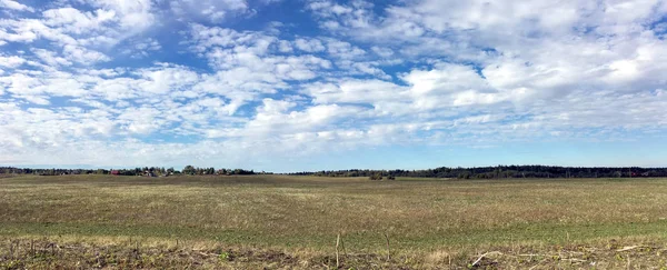 Pemandangan Pedesaan Panorama Dengan Lapangan Dan Hutan Jauh Bawah Langit — Stok Foto