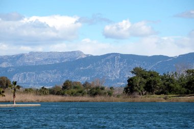 Güneşli günde ağaçlara bulutlar ile mavi gökyüzü altında çok güzel doğal peyzaj göl ön plan ve yeşil iğne yapraklı orman ve yüksek dağların yamaçları ile kaplı