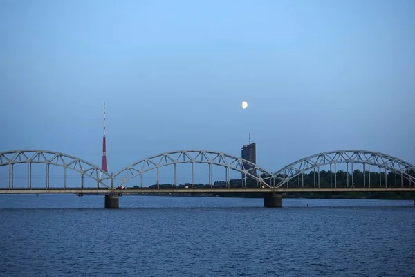 Long Metal Railroad Arched Bridge Daugava River Riga Stand Alone — Stock Photo, Image