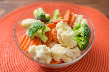 Taze dondurulmuş dilimlenmiş sebze - lahana, turuncu bir arka plan üzerinde bir tabakta havuç.