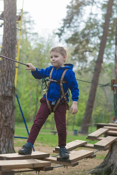 Un niño pequeño está entrenando en un parque de cuerdas. El niño sube la carrera de obstáculos. Recreación activa en el parque al aire libre . — Foto de Stock