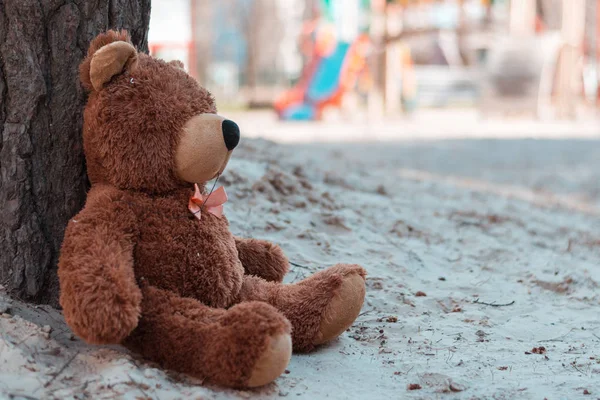 Sokakta bir ağacın yanında oturan terk edilmiş oyuncak ayı. — Stok fotoğraf