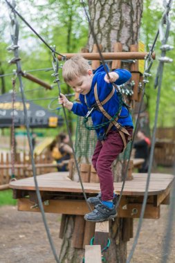 Küçük bir çocuk halat parkında eğitim göreyor. Çocuk engelli parkura tırmanıyor. Temiz havada parkta aktif rekreasyon.