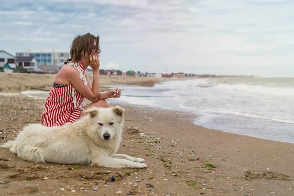 A woman is resting with a big dog by the sea, ocean. The interaction of man and dog. — Stock Photo, Image