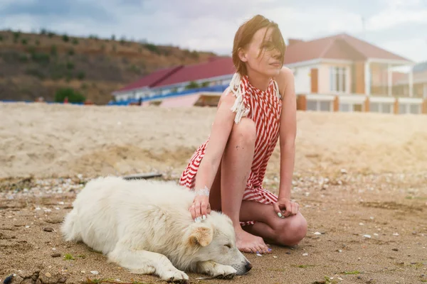 Seorang wanita sedang beristirahat dengan anjing besar di laut, laut. Interaksi antara manusia dan anjing . — Stok Foto