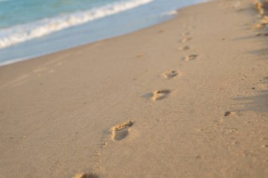 Deniz deki ıslak kumda çocuk ayaklarının baskıları.