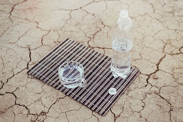 Поняття води як найважливішого харчування. Чашку і пляшку води в пустелі, висушену землю . — стокове фото
