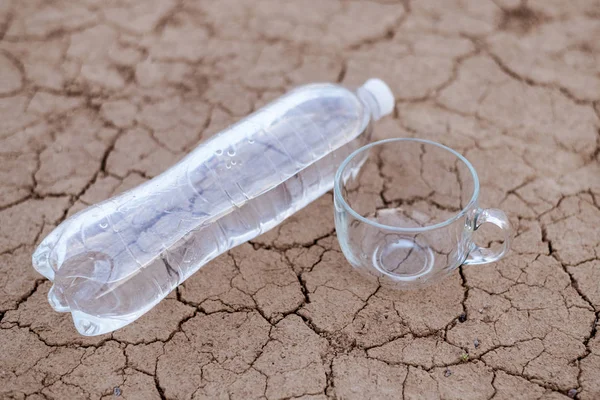 Порожня скляна чашка і пляшка води на сухому ґрунті. Поняття спраги, зневоднення, потреби у воді . — стокове фото