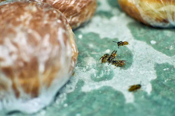 Pszczoły jedzą syrop cukrowy w pobliżu słodkich bułek. — Zdjęcie stockowe