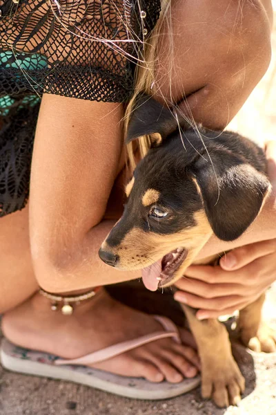 Tiener meisje knuffels een dakloze mongrel puppy op straat. — Stockfoto