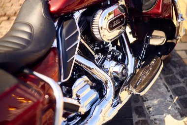 Kiev, Ukrayna - 07 Eylül 2019: Bir motosiklet Parçası Harley Davidson motosiklet krom detay.