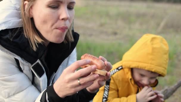 Femme Avec Fils Manger Des Saucisses Pique Nique — Video