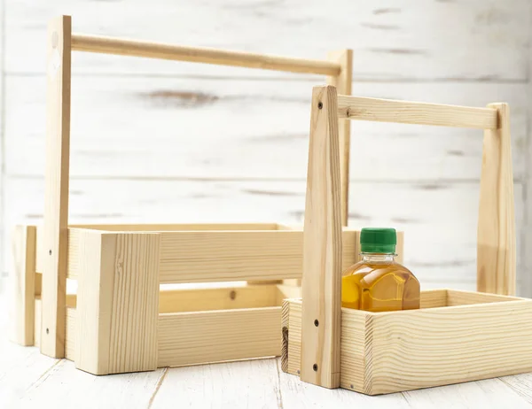 Holzkisten Mit Einem Glas Dekorative Kisten Aus Natürlichen Materialien — Stockfoto