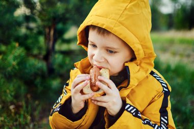 Çocuk piknikte kızarmış sosis yiyor..