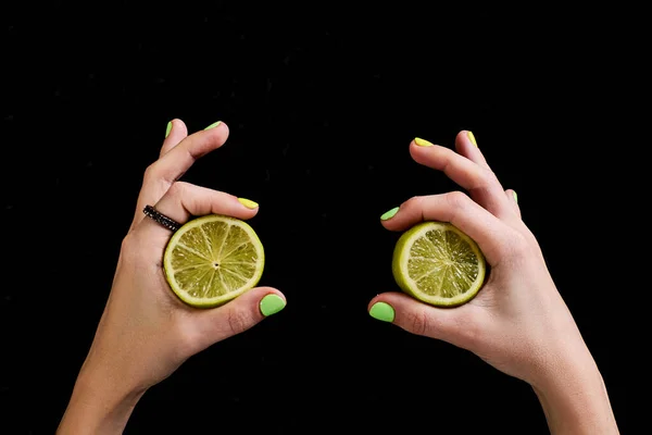 Fresh Green Lime Female Hands Black Background — Stock Photo, Image