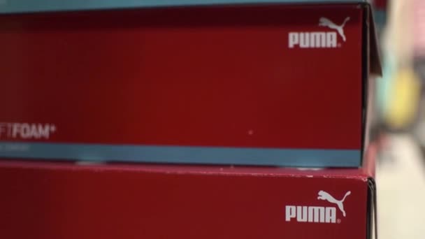 Kiev Ukraine April 2020 Red Boxes Puma Brand Shoes Store — Stock Video