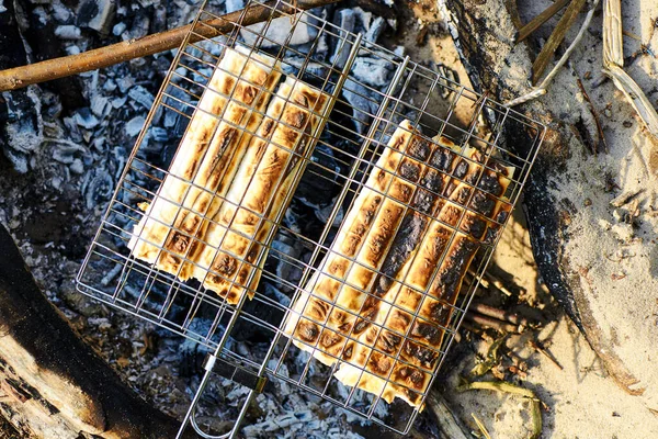 Pan Pita Parrilla Cocinar Sobre Carbón Picnic —  Fotos de Stock