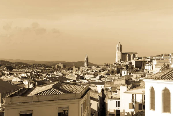 Medieval Quarter Gerona Bell Tower Santa Maria Cathedral Background View — Stock Photo, Image