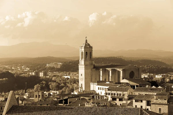 Medieval Quarter Gerona Bell Tower Santa Maria Cathedral Background View — Stock Photo, Image