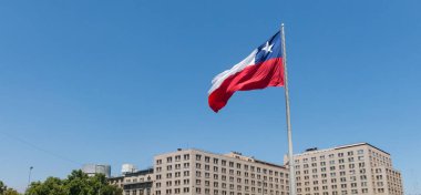 Şilililer dev bayrak ile vatandaşlık Meydanı, Santiago de Chile şehir merkezinde Avenida La Alameda üzerinde yürüme. Şili.