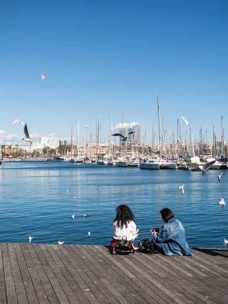 Dos mujeres turistas descansan rodeadas de gaviotas en el viejo puerto —  Fotos de Stock