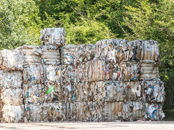 Fabbrica di carta riciclata. Balle di cartone, scatole e carta preconfezionate — Foto Stock