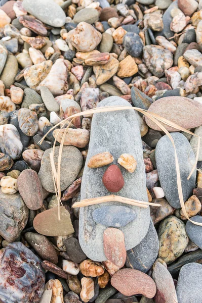 Nice face created on a beach with stones, sticks and cane — Stock Photo, Image