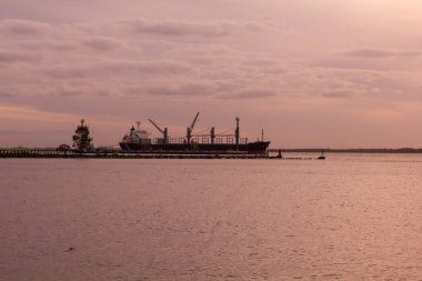 Ticaret gemileri Uruguay Nehri üzerinde, Nueva Palmira endüstriyel yükleme rıhtım yakınında bekliyor. Yeni Palmira City, Uruguay