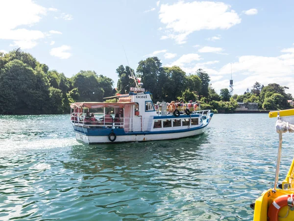 En färja båt seglar längs Valdivia floden, i Rio regionen, — Stockfoto