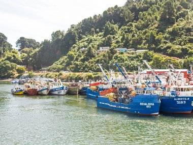 Limanda demirlemiş balıkçı tekneleri ile Valdivia Nehri ağzına dock. Valdivia, Nehir Bölgesi, Güney Şili.