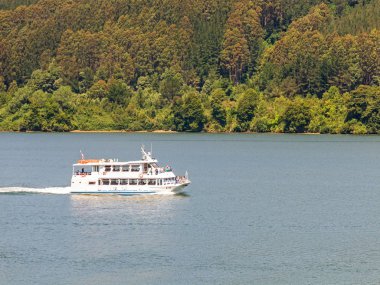 Bir feribot tekne Valdivia Nehri boyunca yelken, Rio Bölgesi, güney Şili. Ülkenin en büyük ikinci nehridir..