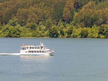A ferry boat sails along the Valdivia River, in the Rio Region, in southern Chile. It is the second largest river in the country. clipart