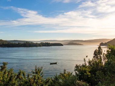 Küçük balıkçı tekneleri, Valdivia Nehri kıyısında demirlemiş, 