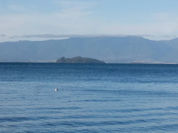 Panorámica del Lago Ranco, el tercer lago más grande de Chile. En el medio, la isla Huapi. En la región de Los Ríos, en Araucana o Patagonia, Andes chilenos. Sur de Chile. En el fondo, la cordillera de los Andes —  Fotos de Stock