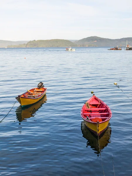 Pequeños barcos pesqueros, amarrados en la costa del río Valdivia, en la localidad de Corral. La pesca es el principal recurso de la región de Valdivia en el centro de Chile. Valdivia, Región del Río, sur de Chile . —  Fotos de Stock