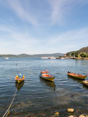 Küçük balıkçı tekneleri, Valdivia Nehri kıyısında demirlemiş, 