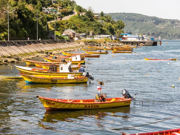 Kleine Fischerboote, die an der Küste des Valdivia-Flusses festgemacht haben, — Stockfoto