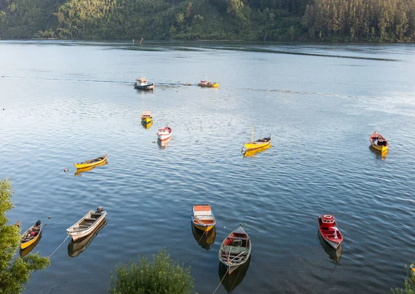 Kleine Fischerboote, die an der Küste des Valdivia-Flusses festgemacht haben, — Stockfoto