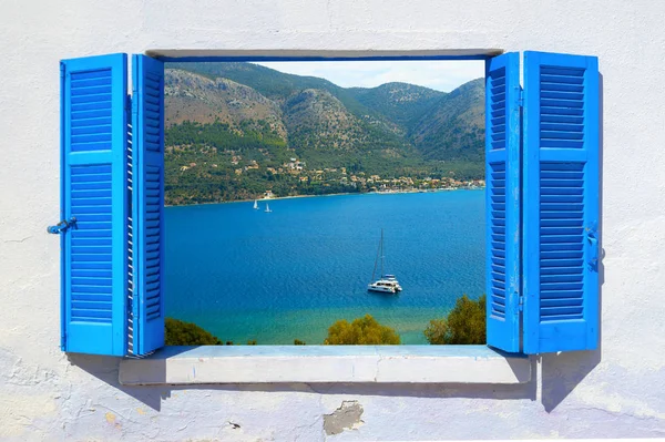 Sea View Traditional Greek Window — Stock Photo, Image