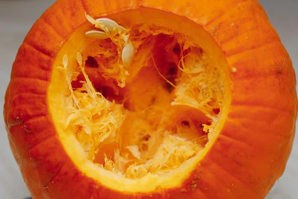 Orange Pumpkin Entrails Closeup View — Stock Photo, Image