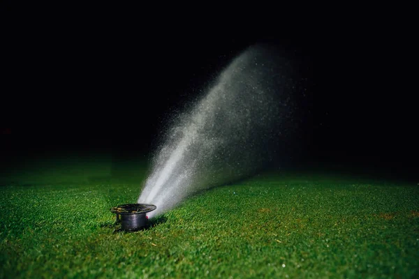 Automatische Gazon Sprinkler Sproeien Van Water Golfbaan Groen Gras Nacht — Stockfoto