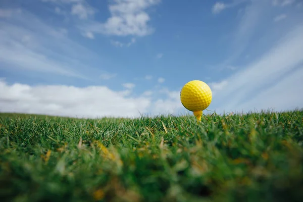Gul Golfboll Tee Grönt Gräs Och Blå Himmel Bakgrund — Stockfoto