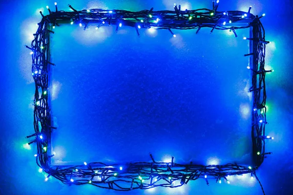 Christmas Lights Frame Snow Background Blue Color — Stock Photo, Image