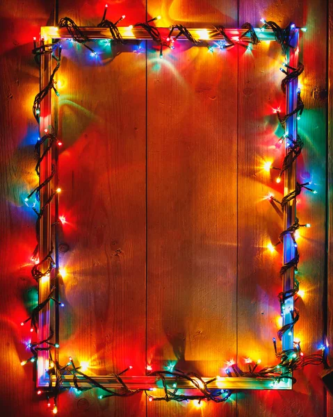 Christmas Lights Frame Houten Achtergrond — Stockfoto