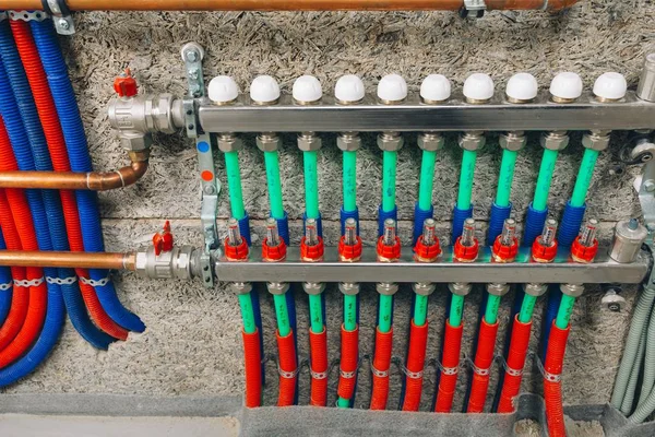 Manifold Collector Pipes Underfloor Heating System — Stock Photo, Image